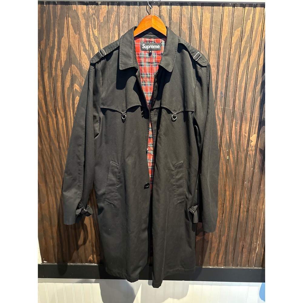 Supreme Trench Coat Black Plaid Lined D-Ring Epaulets Mens Long Jacket